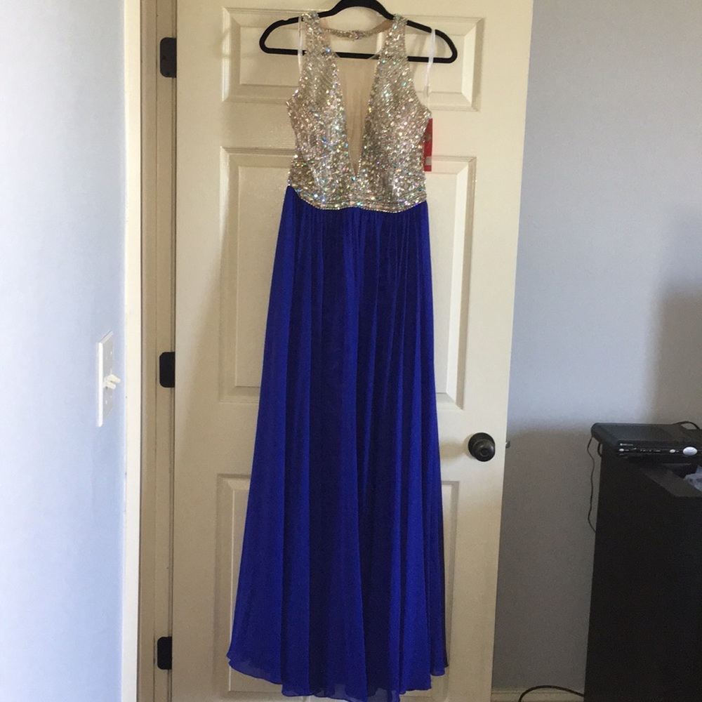 Gorgeous Royal Blue w/beaded upper nude mesh gown